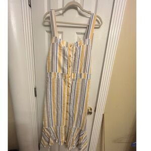Karen-T Design Women 1X Yellow Blue Striped Linen Blend Tie Back Midi Dress